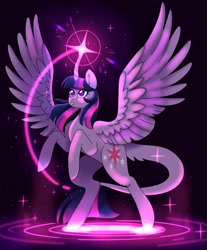 Size: 2179x2632 | Tagged: safe, artist:mscreepyplaguedoctor, twilight sparkle, alicorn, pony, g4, bipedal, curved horn, female, glowing, glowing horn, gritted teeth, high res, horn, leonine tail, magic, mare, solo, tail, twilight sparkle (alicorn)