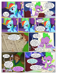 Size: 612x792 | Tagged: safe, artist:greatdinn, artist:newbiespud, edit, edited screencap, screencap, rainbow dash, spike, dragon, pegasus, pony, comic:friendship is dragons, g4, book, clothes, collaboration, comic, dialogue, female, glasses, male, mare, screencap comic, thinking