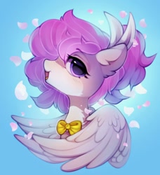 Size: 934x1026 | Tagged: safe, artist:astralblues, oc, oc only, oc:selina moon, pegasus, pony, bow, looking at you, smiling, solo, spread wings, wings