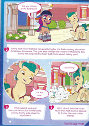 Size: 3470x4905 | Tagged: safe, hitch trailblazer, sunny starscout, bird, earth pony, pony, rabbit, seagull, g5, my little pony: a new generation, animal, blushing, comic, critter magnet, critters, magazine, magazine scan, roller skates