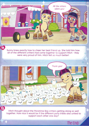 Size: 3470x4905 | Tagged: safe, hitch trailblazer, sunny starscout, earth pony, pony, g5, my little pony: a new generation, blushing, comic, critter magnet, critters, female, magazine, magazine scan, male, mare, speech bubble, stallion