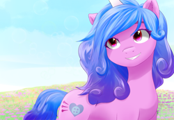Size: 998x690 | Tagged: safe, artist:silky soya, izzy moonbow, pony, unicorn, g5, my little pony: a new generation, cloud, cute, day, eyebrows, eyelashes, female, flower, grin, horn, looking up, mare, outdoors, signature, sky, smiling, solo