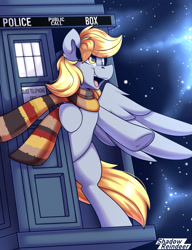 Size: 1000x1300 | Tagged: safe, artist:shadowreindeer, derpy hooves, pegasus, pony, g4, clothes, doctor who, fourth doctor's scarf, scarf, solo, space, striped scarf, tardis