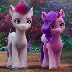 Size: 804x804 | Tagged: safe, screencap, pipp petals, zipp storm, pegasus, pony, g5, my little pony: a new generation, spoiler:my little pony: a new generation, cropped, duo, duo female, eyebrows, female, folded wings, frown, height difference, hooves, mare, pipp is short, royal sisters (g5), sad, siblings, sisters, standing, unshorn fetlocks, wings