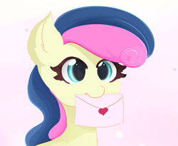 Size: 933x764 | Tagged: safe, artist:silky soya, bon bon, sweetie drops, bat pony, earth pony, pony, g4, adorabon, bust, cute, ear fluff, eyelashes, female, letter, mare, mouth hold, portrait, solo, sweet apple acres, two toned mane