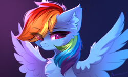 Size: 3192x1925 | Tagged: safe, artist:airiniblock, rainbow dash, pegasus, pony, rcf community, bust, chest fluff, ear fluff, eye clipping through hair, eyebrows, eyebrows visible through hair, eyelashes, female, fluffy, gradient background, high res, mare, signature, smiling, solo, spread wings, wallpaper, wing fluff, wings