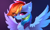 Size: 3192x1925 | Tagged: safe, artist:airiniblock, rainbow dash, pegasus, pony, rcf community, g4, bust, chest fluff, ear fluff, eye clipping through hair, eyebrows, eyebrows visible through hair, eyelashes, female, fluffy, gradient background, high res, mare, signature, smiling, solo, spread wings, wallpaper, wing fluff, wings