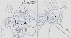 Size: 1280x696 | Tagged: safe, artist:crock2121, adagio dazzle, demon, devil, equestria girls, equestria girls specials, g4, my little pony equestria girls: better together, my little pony equestria girls: sunset's backstage pass, clothes, comic, crossover, cuphead, female, male, monochrome, music festival outfit, rubber hose animation, simple background, style emulation, the devil, traditional art