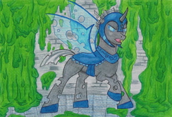 Size: 2258x1533 | Tagged: safe, artist:assertiveshypony, changeling, pony, armor, fangs, simple background