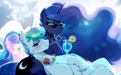 Size: 1920x1183 | Tagged: safe, artist:walliscolours, princess celestia, princess luna, alicorn, pony, g4, alcohol, alternate hairstyle, blushing, chest fluff, drinking, eyes closed, flower, leg fluff, luna is not amused, royal sisters, siblings, sisters, sunglasses, sweat, sweatdrops, unamused, vacation