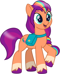 Size: 1024x1260 | Tagged: safe, artist:emeraldblast63, sunny starscout, earth pony, pony, g5, my little pony: tell your tale, spoiler:g5, bag, coat markings, female, full body, hooves, mane stripe sunny, mare, open mouth, open smile, raised hoof, satchel, simple background, smiling, socks (coat markings), solo, standing, tail, transparent background, unshorn fetlocks