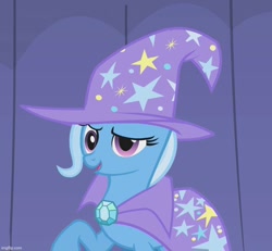 Size: 779x720 | Tagged: safe, screencap, trixie, pony, unicorn, boast busters, g4, season 1, cape, clothes, cropped, female, hat, imgflip, mare, open mouth, open smile, raised eyebrow, raised hoof, smiling, solo, trixie's cape, trixie's hat
