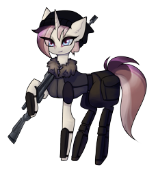 Size: 1275x1380 | Tagged: safe, artist:minty--fresh, oc, pony, unicorn, armor, bag, beanie hat, blue eyes, ear fluff, gun, multicolored hair, saddle bag, simple background, solo, swat, transparent background, weapon