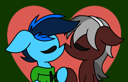 Size: 2500x1614 | Tagged: safe, artist:derpyalex2, oc, oc:shy-fly, oc:snowblaze, earth pony, pegasus, pony, clothes, heart, hoof hold, jacket, kissing, love, sweater