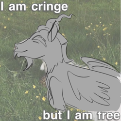 Size: 2041x2048 | Tagged: safe, artist:thechaoticboop, derpibooru exclusive, edit, edited edit, discord, draconequus, g4, antlers, cringing, discord being discord, flower, grass, happy, high res, irl, male, meme, text