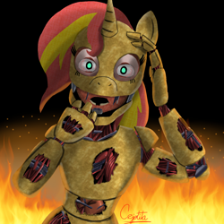 Size: 1280x1280 | Tagged: safe, artist:cjv2004, sunset shimmer, human, unicorn, equestria girls, g4, fiery shimmer, fire, five nights at freddy's, pain, scene interpretation, screaming, springtrap, yelling