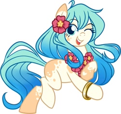 Size: 921x867 | Tagged: safe, artist:xwhitedreamsx, oc, oc only, oc:seascape, earth pony, pony, bracelet, cute, earth pony oc, flower, flower in hair, gradient mane, jewelry, lei, looking at you, missing cutie mark, mottled coat, one eye closed, open mouth, simple background, solo, white background, wink, winking at you