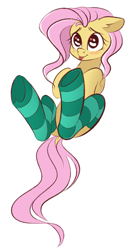 Size: 789x1491 | Tagged: safe, artist:vetta, fluttershy, pegasus, pony, g4, :p, blushing, clothes, cute, dock, ear fluff, female, floppy ears, full body, heart eyes, hooves, legs in air, lying down, mare, on back, shyabetes, simple background, socks, solo, stockings, striped socks, tail, thigh highs, tongue out, white background, wingding eyes