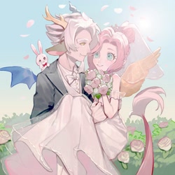 Size: 2048x2048 | Tagged: safe, artist:puzi, angel bunny, discord, fluttershy, human, rabbit, g4, animal, bowtie, bridal carry, carrying, clothes, crying, dress, eared humanization, female, flower, high res, holiday, humanized, looking at each other, looking at someone, male, marriage, ship:discoshy, shipping, smiling, straight, tears of joy, teary eyes, trio, valentine's day, wedding, wedding dress, winged humanization, wings