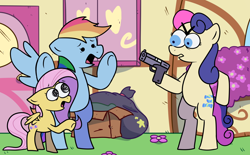 Size: 1450x900 | Tagged: safe, anonymous artist, bon bon, fluttershy, rainbow dash, sweetie drops, earth pony, pegasus, pony, g4, angry, beady eyes, bipedal, blue eyes, box, charlie dompler, dj spit, dot eyes, eyelashes, female, floppy ears, flower, gun, hoof hold, hooves in air, looking at someone, magnetic hooves, mare, multicolored hair, open mouth, parody, partially open wings, pim pimling, raised hoof, scene parody, shocked, shocked expression, smiling friends, spread wings, style emulation, surprised, trash bag, trio, two toned mane, underhoof, weapon, who needs trigger fingers, wings, worried