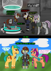 Size: 2791x3897 | Tagged: safe, artist:rorrek, hitch trailblazer, sunny starscout, oc, oc:blackjack, oc:hired gun, oc:littlepip, oc:murky, cyborg, earth pony, pegasus, pony, unicorn, fallout equestria, fallout equestria: heroes, fallout equestria: murky number seven, fallout equestria: project horizons, g5, my little pony: tell your tale, amputee, armor, clothes, comic, dialogue, eyepatch, fanfic art, high res, jacket, leather jacket, mane stripe sunny, police, prosthetics, teleportation, tell your tale drama, time travel