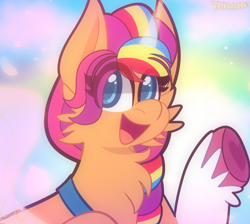 Size: 1203x1080 | Tagged: safe, artist:saveraedae, sunny starscout, alicorn, pony, g5, my little pony: a new generation, alicornified, cheek fluff, chest fluff, mane stripe sunny, open mouth, open smile, race swap, raised hoof, sky, smiling, solo, sunnycorn