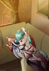 Size: 2522x3634 | Tagged: safe, artist:andaluce, oc, oc only, oc:haze northfleet, oc:malachite cluster, bat pony, pegasus, pony, afternoon, couch, cozy, cuddling, cute, female, high res, male, mare, pillow, sleeping, stallion