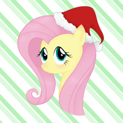 Size: 1280x1280 | Tagged: safe, artist:theelvinartist, fluttershy, pegasus, pony, g4, abstract background, christmas, cute, female, hat, holiday, mare, santa hat, shyabetes, solo