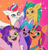 Size: 1344x1396 | Tagged: safe, artist:superduperath, hitch trailblazer, izzy moonbow, pipp petals, sunny starscout, zipp storm, earth pony, pegasus, pony, unicorn, g5, my little pony: a new generation, cute, female, male, mane five (g5), mare, multicolored hair, open mouth, redraw, smiling, stallion