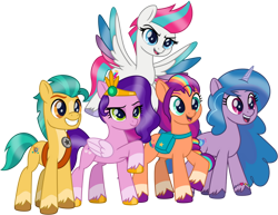 Size: 1024x792 | Tagged: safe, artist:emeraldblast63, hitch trailblazer, izzy moonbow, pipp petals, sunny starscout, zipp storm, earth pony, pegasus, pony, unicorn, g4, g5, my little pony: tell your tale, bag, bracelet, coat markings, colored wings, female, flying, folded wings, g5 to g4, grin, hooves, horn, jewelry, male, mane five, mane stripe sunny, mare, open mouth, open smile, raised hoof, satchel, simple background, smiling, socks (coat markings), spread wings, stallion, standing, tail, transparent background, unshorn fetlocks, wings