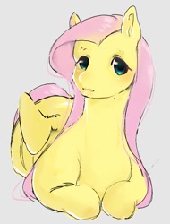 Size: 689x905 | Tagged: safe, artist:rmb2704, fluttershy, pegasus, pony, g4, cute, female, gray background, looking at you, lying down, mare, prone, shyabetes, simple background, solo