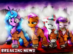 Size: 3008x2225 | Tagged: safe, artist:liaaqila, izzy moonbow, pipp petals, sunny starscout, zipp storm, earth pony, pegasus, pony, unicorn, g5, my little pony: a new generation, angry, bad end, breaking news, camera flashes, chains, clothes, commission, cross-popping veins, cuffed, eyes closed, female, floppy ears, happy, high res, mare, mouth hold, never doubt rainbowdash69's involvement, prison outfit, prisoner im, prisoner pipp, prisoner ss, prisoner zipp, text, traditional art, varying degrees of want