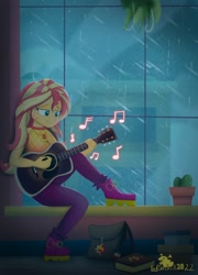Size: 2048x2849 | Tagged: safe, artist:lordshrekzilla20, sunset shimmer, fanfic:the one true king, equestria girls, g4, breasts, cleavage, female, guitar, high res, jewelry, music notes, musical instrument, necklace, playing instrument, rain, relaxing, smiling, window