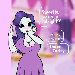 Size: 2048x2048 | Tagged: safe, alternate version, artist:immunefox, rarity, sweetie belle, human, g4, big breasts, big eyes, blushing, breasts, busty rarity, carousel boutique, cleavage, clothes, concerned, dress, female, high res, hips, humanized, implied sweetie belle, jewelry, long nails, looking at you, mama rarity, mommy, nail polish, necklace, solo, speech bubble, talking