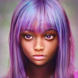 Size: 512x512 | Tagged: safe, ai assisted, ai content, editor:diameltzowo, twilight sparkle, human, g4, blushing, bust, dark skin, eyebrows, female, gradient background, humanized, looking up, purple eyes, realistic, simple background, solo