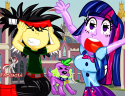 Size: 3900x3000 | Tagged: safe, artist:kamikiku, spike, twilight sparkle, oc, dog, human, equestria girls, g4, canterlot high, high res, spike the dog, yelling