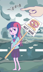 Size: 1280x2159 | Tagged: safe, artist:faebil, twilight sparkle, human, equestria girls, g4, anti-war, barefoot, feet, jet, jet fighter, offscreen character, offscreen human, pointing, protest, street, war