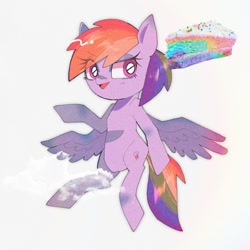 Size: 1500x1500 | Tagged: safe, artist:destroyer_aky, rainbow dash, pegasus, pony, g4, bipedal, cake, cake slice, eye clipping through hair, eyebrows, eyebrows visible through hair, female, food, looking at you, mare, open mouth, rainbow cake, simple background, solo, spread wings, white background, wings