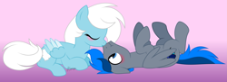 Size: 4239x1551 | Tagged: safe, artist:feather_bloom, oc, oc only, oc:azure thunder, oc:feather bloom(fb), oc:feather_bloom, pegasus, pony, blushing, duo, female, kissing, lying down, male, mare, oc x oc, on back, romantic, scrunchy face, shipping, simple background, stallion, straight