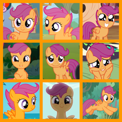 Size: 800x800 | Tagged: safe, edit, edited screencap, editor:twilyisbestpone, screencap, scootaloo, pegasus, pony, g4, growing up is hard to do, season 1, season 4, season 8, season 9, the show stoppers, the washouts (episode), twilight time, collage, compilation, cute, cutealoo, female, filly, foal, solo