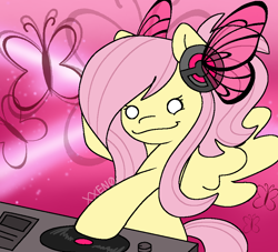 Size: 900x816 | Tagged: safe, fluttershy, butterfly, pegasus, pony, g4, alternate hairstyle, butterfly headphones, butterfly wings, dj fluttershy, happy, headphones, ponytail, record, redraw, smiling, turntable, wings