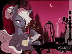 Size: 800x600 | Tagged: safe, artist:hauntedtuba, bat pony, pony, animated, chair, cleaning, fangs, female, gif, looking at something, mare, moon, signature, sitting, solo, table