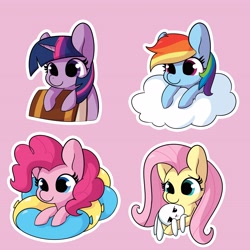 Size: 4096x4096 | Tagged: safe, artist:tjpones, angel bunny, fluttershy, pinkie pie, rainbow dash, twilight sparkle, earth pony, pegasus, pony, unicorn, g4, absurd resolution, angel bunny is not amused, balloon, book, bookhorse, cloud, cute, dashabetes, diapinkes, outline, pink background, shyabetes, simple background, smiling, twiabetes, unamused, unicorn twilight, white outline