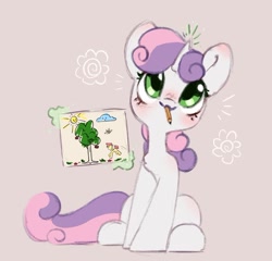 Size: 804x773 | Tagged: safe, artist:melodylibris, sweetie belle, pony, unicorn, g4, blushing, cute, daaaaaaaaaaaw, diasweetes, drawing, female, filly, foal, levitation, magic, mouth hold, pencil, simple background, sitting, solo, telekinesis
