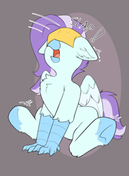 Size: 1610x2198 | Tagged: safe, artist:beardie, oc, oc only, oc:ocean breeze, hippogriff, behaving like a cat, cheese, cheese slap, chest fluff, claws, commission, food, hippogriff oc, sitting, slap, sliced cheese, solo, ych result