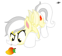 Size: 2392x2172 | Tagged: safe, artist:princessmoonsilver, oc, oc:fiery heart, bat pony, pony, female, food, high res, mango, mare, simple background, solo, transparent background