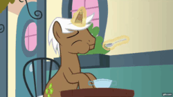 Size: 1280x720 | Tagged: safe, screencap, mochaccino, rare find, pony, unicorn, fame and misfortune, g4, season 7, :q, ^^, animated, aweeg*, banana, eating, eyes closed, food, frown, gif, gifs.com, glowing, glowing horn, herbivore, hooves, horn, ice cream, licking, licking lips, magic, male, open mouth, open smile, shrug, smiling, solo, spoon, stallion, sundae, telekinesis, tongue out