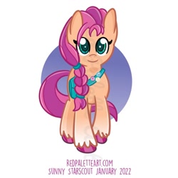Size: 894x894 | Tagged: safe, artist:redpalette, sunny starscout, earth pony, pony, g5, my little pony: a new generation, bag, braid, buttons, cute, female, front view, mare, smiling, solo, trotting, unshorn fetlocks