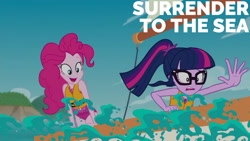 Size: 1280x720 | Tagged: safe, edit, edited screencap, editor:quoterific, screencap, pinkie pie, sci-twi, twilight sparkle, equestria girls, g4, my little pony equestria girls: better together, the salty sails, clothes, duo, duo female, female, geode of sugar bombs, geode of telekinesis, glasses, jewelry, magical geodes, necklace, one-piece swimsuit, open mouth, open smile, pinkie pie swimsuit, ponytail, sci-twi swimsuit, sleeveless, smiling, swimsuit, text
