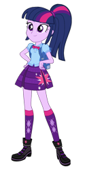 Size: 1000x2000 | Tagged: safe, artist:invisibleink, derpibooru exclusive, edit, twilight sparkle, equestria girls, g4, my little pony equestria girls: better together, backpack, boots, bowtie, clothes, cute, cutie mark, cutie mark on clothes, miniskirt, pleated skirt, ponytail, shoes, simple background, skirt, smiling, socks, solo, transparent background